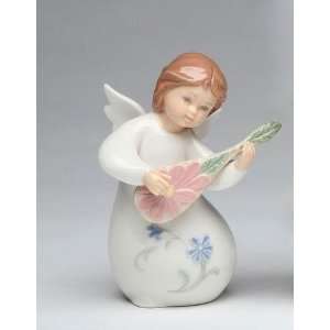  4 inch Brown Haired Angel Statue With Blue Flowers Playing 