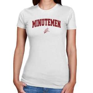  UMass Minutemen Ladies White Logo Arch Slim Fit T shirt 