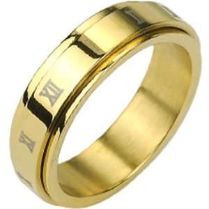   Spikes 316L Stainless Steel Gold ip Roman Numerals Center Spinner Ring