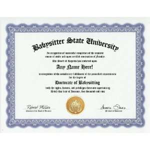 Babysitting Babysit Babysitter Degree Custom Gag Diploma Doctorate 