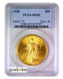1928 $20 Double Eagle Saint Gaudens Gold PCGS MS65  