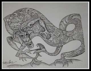 Rare Sascha B Brastoff Surrealist Drawing Dragon Man  