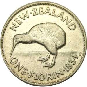 elf New Zealand 1 Florin 1934 Silver Kiwi Bird George V  