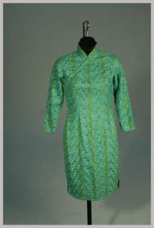 Vintage 60s Turquoise Blue & Lime Green Embroidered Silk Asian 