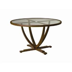   Round Glass Patio Dining Table with Umbrella Hole Olive Wood: Patio