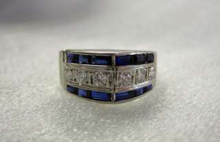 Vintage 14k White Gold Art Deco Mens Genuine Diamond and Sapphire Ring 