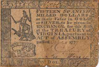 Virginia, October 20, 1777 $15 Dollar Colonial Note signed Dickson 