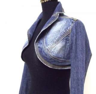 Distressed Dark Blue Stretch Denim Jean Cropped Super Short Jacket sz 
