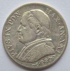 1866 Papal States Italy Silver Coin 1 Lira  