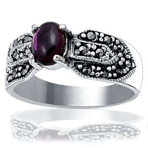   Silver Ring with Marcasite Stones and Amethyst CZ   Size 9: Jewelry