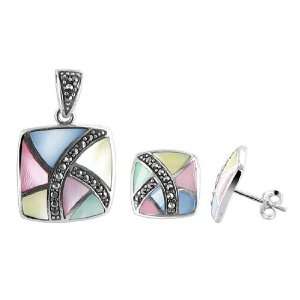   Silver Multicolor Enamel and Marcasite Earrings Pendant Set: Jewelry