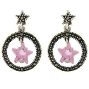    Sterling Silver Marcasite Light Pink Star Circle Earrings Jewelry