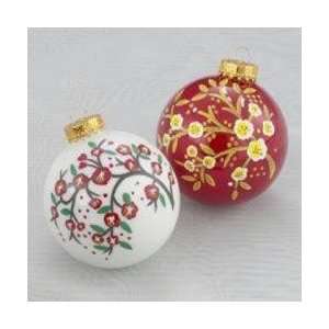   Asian Fusion Cherry Blossom Red Glass Ball Christmas Ornaments 3.25