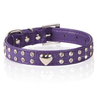 18 22 Purple Rhinestones Crystal Heart leather Pet Cat Dog Collar 