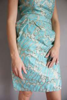 Vtg 50s Turquoise Aqua GOLD METALLIC BROCADE Jac o Wiggle Party Dress 