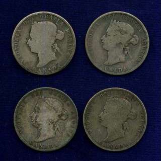 CANADA VICTORIA 1874 H 25 CENTS COINS, LOT OF (4)  