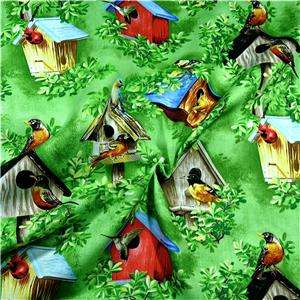 FabriQuilt Cotton Fabric Birds & Bird Houses, Green BTY  
