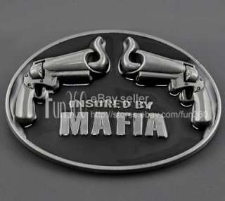Insured By the Mafia Enameled Double Pistol Handgun Gun Belt Buckle 