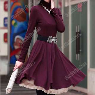 New Korea Women OL Stylish Slim Dress High Neck Long Sleeve Black 