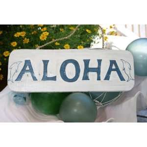  ALOHA BEACH SIGN 14   RUSTIC WHITE & BLUE   COASTAL 