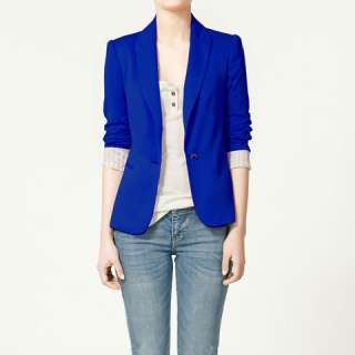 Candy Blue One Button Lapel Casual Lady Suits Cuff Blazer Jacket 