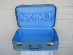 Vintage Blue Vinyl Hard Shell Suitcase Luggage 21x14x7 Clean  