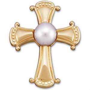   Yellow Gold White Cultured Half Drilled Pearl Religious Cross Pendant