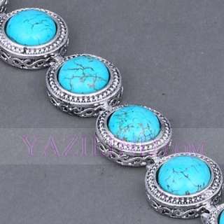 Women Fashion Round Blue Turquoise Coin Tibet Silver Chain Gift 