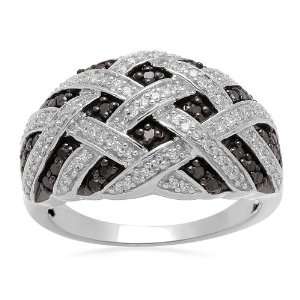 Sterling Silver Black and White Diamond Criss Cross Ring (1/4 cttw, I 