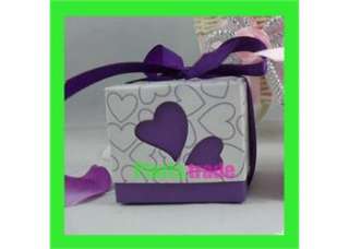 100X Purple LOVE Heart Design Wedding Favor Party Boxes With ribbon 