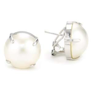   Sterling Silver Round White Mabe Cultured Pearl Clip Earrings: Jewelry