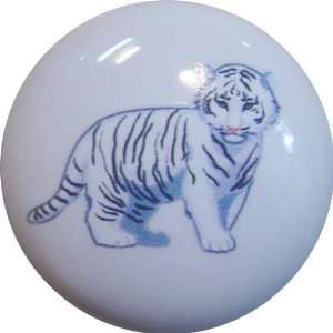  White Tiger Cub Ceramic Cabinet Drawer Pull Knob 