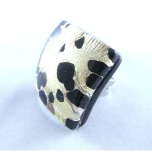  Black Gold Curved Venetian Murano Glass Adjustable Ring Jewelry