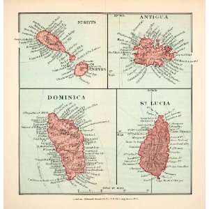  1907 Wood Engraved Map Antigua Saint Kitts Santa Lucia 