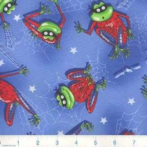  45 Wide Spidey Frog Blue Fabric By The Yard: Arts 
