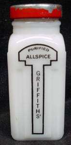Art Deco Milk Glass Spice Jar Griffiths Allspice Red  