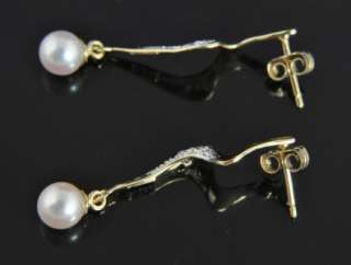 Estate Vtg 14K Gold Pearl Diamond Drop Stick Earrings  