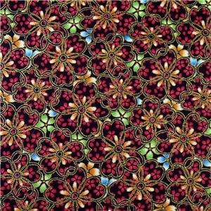 Andover Cotton Fabric Metallic Gold & Red Floral BTY  