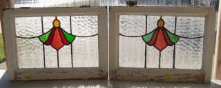 Pair Antique Stained Glass Windows Angelic Ruby Florets  