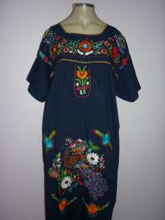 Navy Blue Peasant Vintage Tunic Embroidered Mexican Dress S M  