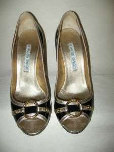 LUCIANO PADOVAN Black Patent & Metallic Gold Peep Toe Pumps Shoes Sz 