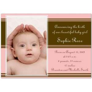  Chocolate and Pink Stripes Birth Announcements   Set of 20 