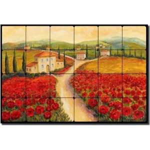  Poppy Villa by Joanne Morris   Floral Landscape Tumbled Marble Tile 