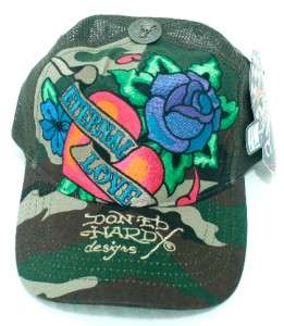   ED HARDY DESIGN CAMO GREEN BROWN ETERNAL LOVE WOMENS TRUCKER HAT CAP
