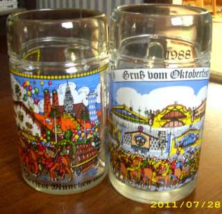 Set Of 2 Oktoberfest Vintage Glass Beer Steins Mugs EUC  