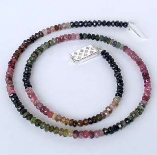 65cts WATERMELON MULTI TOURMALINE FACETED BEADS SILVER NECKLACE 18 