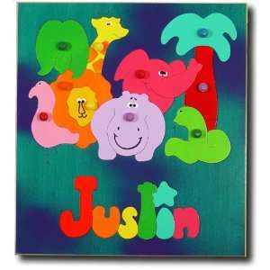  Wood Name Puzzle with Knobs African Zoo Animals Toys 