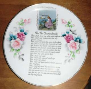 Vintage Large Porcelain The Ten Commandments Plate with Roses Floral 