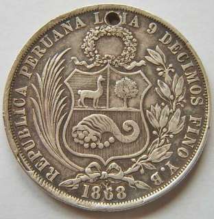 Peru Republic silver thaler coin dated 1868  