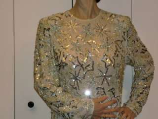JUDITH ANN CREATION Silver Gold Bead Sequin silk Gown M  